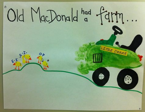 Footprint & Fingerprint Song Craft. Farm Animal Art Projects, Animal Art Projects For Kids, Footprint Tractor, Large Canvas Art Bedroom, Farm Theme Crafts, Nursery Rhyme Crafts, Farm Animal Art, Farm Theme Preschool, Farm Craft