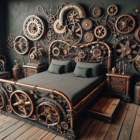 Steampunk Decor Mechanical-Inspired Bed Frames Steampunk Home Decor Interior Design, Steam Punk Interior, Diy Steampunk Decor, Steampunk Living Room Ideas, Steampunk Decor Ideas, Steampunk House Interiors, Steam Punk Bedroom, Steampunk Decor Diy, Steampunk Bed