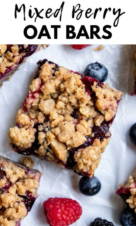 Mixed Berry Oat Bars are a perfect summer treat everyone will love! Bursting with fresh berries and hearty oats, a touch of cinnamon and all the buttery crumble topping! #oatbars #mixedberry #berryoatbars #oatmeal Berry Snack Ideas, Mixed Berry Recipes Desserts, Mixed Berry Oatmeal Muffins, Vegan Berry Crumble Bars, Oatmeal Berry Breakfast Bars, Vegan Berry Recipes, Mixed Berries Recipes, Mixed Berry Dessert Recipes, Oatmeal Bar Recipes