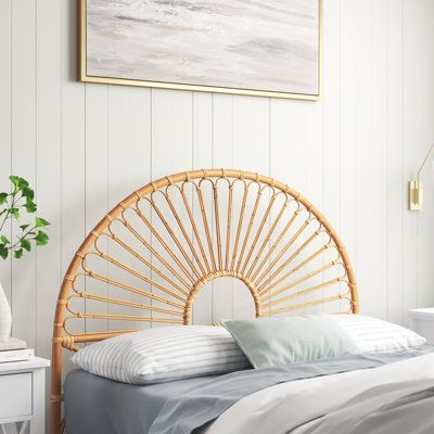 This rattan headboard is reminiscent of a sun setting over the ocean and lends a relaxed, coastal vibe to your bedroom. The light, natural hue of the rattan and the kiln-dried solid wood legs have an airy look that we love and only requires a couple of accent pillows to make it even more inviting. This headboard mounts directly to your standard bed frame (sold separately) via the pre-drilled holes and all installation hardware is included so no run to the store is required. What’s more, it has a Beachy Bed Frame, Coastal Bedroom Pillows, Rattan Headboard Bedroom Ideas, Wicker Bed Frame, Beach Bedroom Aesthetic, Seashell Bed, Peru House, Coastal Headboard, Boho Bed Frame