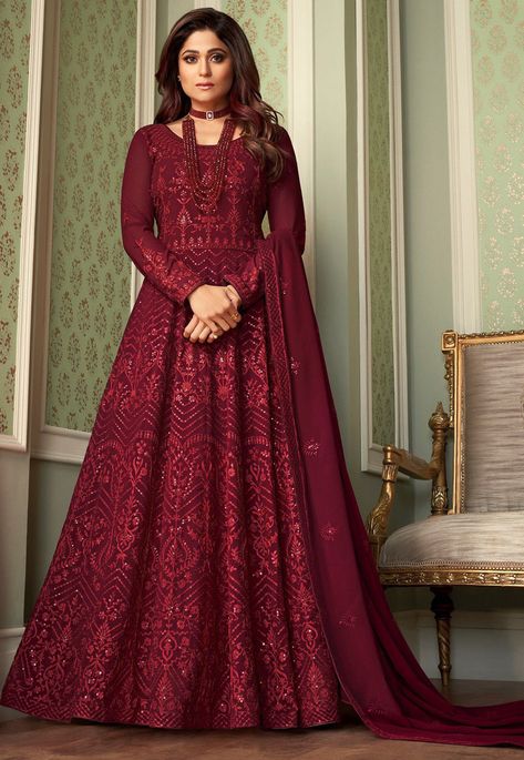 Semi-stitched Faux Georgette Abaya Style Kameez in Maroon This Round Neck and Full Sleeve attire with Poly Shantoon Lining is Prettified with Resham, Sequins and Patch Border Work Available with a Poly Shantoon Churidar and a Faux Georgette Dupatta in Maroon The Kameez and Bottom Lengths are 52 and 46 inches respectively Do note: The Length may vary upto 2 inches. Accessories shown in the image are for presentation purposes only.(Slight variation in actual color vs. image is possible). Red Anarkali Suits, Long Anarkali Dress, Long Anarkali Gown, Red Anarkali, Shamita Shetty, Floor Length Anarkali, Anarkali Dresses, Georgette Anarkali, Long Anarkali