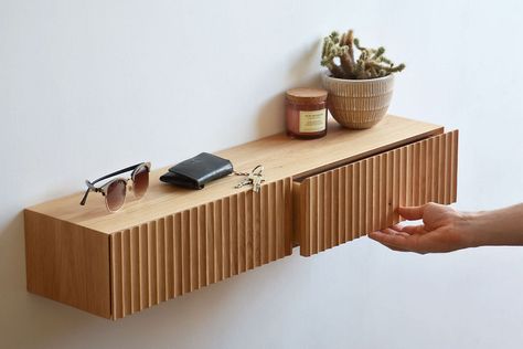 Small Floating Shelf With Drawer, Wall Mounted Entryway Table, Micro Entryway Ideas, Entry Wall Storage, Hallway Floating Shelves, Ikea Entryway Storage, Shelves In Entryway, Entryway Shelf Ideas, Small Modern Entryway