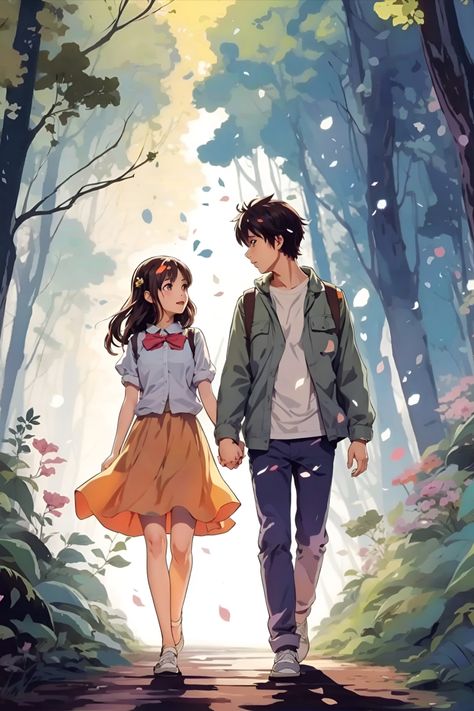 anime, wallpaper, anime couple, couple Love Images Couples Anime, Two People Walking Reference Drawing, Couple Walking Together Drawing, Anime Couple Wallpaper Hd Phone, Couple Animated Drawing, Couple Walking Drawing Reference, Walking Art Reference, Couple Walking Drawing, Walking In Jungle