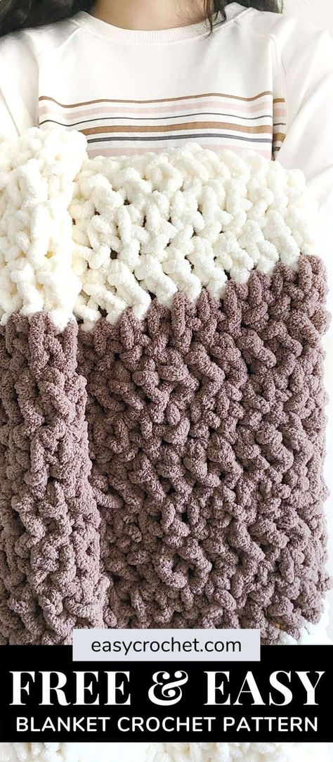 Free Jumbo Yarn Crochet Blanket pattern using Bernat Blanket Extra Yarn via @easycrochetcom Amigurumi Patterns, Bernet Blanket Extra Yarn Pattern, Mega Chunky Crochet Blanket Pattern, Bernat Super Bulky Yarn Patterns, Bernat Blanket Big Yarn Patterns Crochet Free, Crochet Blanket Chenille Yarn, Fluffy Blanket Crochet Pattern, Super Chunky Yarn Patterns, Jumbo 7 Yarn Crochet Patterns Blanket