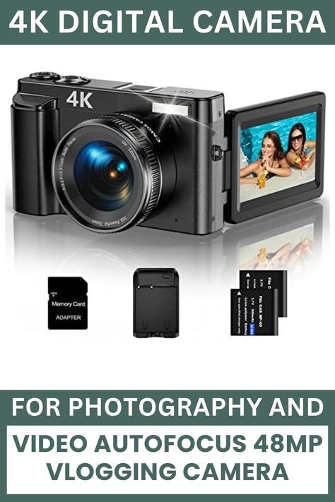 4K Digital Camera for Photography and Video Autofocus 48MP Vlogging Camera. As beginners’ first versatile digital camera, 4K 48MP video resolution, and a 3-Inch 180° flip screen to shoot true colors and capture details, letting you easily capture the good moments at home or travel! #4KDigitalCamera #PhotographyandVideo #AutofocusCamera #VloggingCamera #ProfessionalPhotography Autofocus Camera, Camera For Photography, Camera For Youtube, Vlogging Camera, Compact Camera, Dslr Camera, Professional Photography, Sd Card, Digital Camera