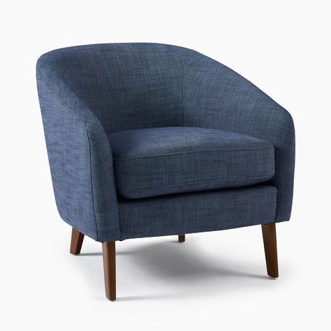 Modern Living Room Chairs | West Elm Loft Playroom, Living Room Chairs Modern, Curved Chair, Oversized Furniture, Patterned Chair, Living Comedor, Sun Room, Dyed Linen, Mid Century Chair
