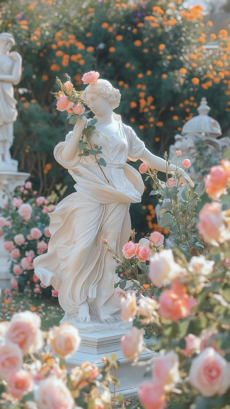 Classic Statue in a Rose Garden #garden #gardening #statue #rosegardening Princess In Garden Aesthetic, Secret Rose Garden, Backyard Flower Garden Aesthetic, Spring Garden Aesthetic, Rose Garden Aesthetic, Cottage Garden Aesthetic, Statues Of Women, Rose Garden Background, Flower Garden Aesthetic