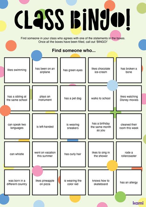 Friend Bingo Template, Find Someone Who Game Kids, Fun Bingo Ideas, Games For Students Activities, Games For Teachers To Play, Get To Know You Bingo For Kids, Get To Know You Bingo, Games To Play With Students, Find A Friend Bingo