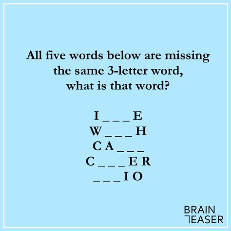 All 5 are valid English words, completed by the same 3-letter word. #braineaser #brainteaser #brainteasers #puzzle #puzzles #riddle #riddles #riddlemethis #braingame #braingames #wordplay #words #quiz #challenge #thinking Jumbled Words With Answers, School Riddles, English Puzzles, Word Puzzles Brain Teasers, Brain Teasers Pictures, Kids Jokes And Riddles, Word Brain Teasers, Math Puzzles Brain Teasers, Advisory Activities