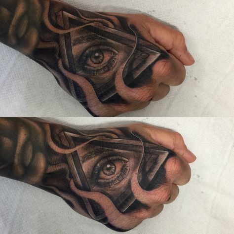 Hand tattoo optical illusion triangle and eye combo ! Hope you like it :) Pyramid Hand Tattoo, Triangle Hand Tattoo, Eye Of Horus Hand Tattoo, Eye Triangle Tattoo Design, Eye In Triangle Tattoo, Eye In Triangle Tattoo Design, Eye Triangle Tattoo, Eye Tattoo Hand, Eye Tattoo On Hand