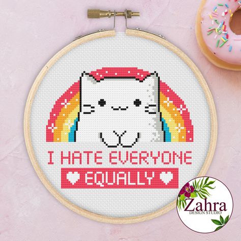 I hate everyone .. equally! Cat cross stitch pattern, cat, cat meme, ironic, sarcastic, funny, PDF pattern. Kitty cat cross stitch. Funny cross stitch pattern. Cross Stitch PDF instant download. Counted cross stitch. Kawaii Cat. Cat cross stitch pattern. Mini Cross Stitch. Sassy Cross Stitch. This is an instant download PDF, so you can start your project right away!  Pattern Keeper Compatible Chart! This chart has been tested and verified to work with Pattern Keeper by the designer. We are not a Ant Poison, Chat Kawaii, Funny Cross Stitch, Funny Cross Stitch Patterns, I Hate Everyone, Subversive Cross Stitch, Pattern Cat, Hate Everyone, Cat Cross Stitch Pattern