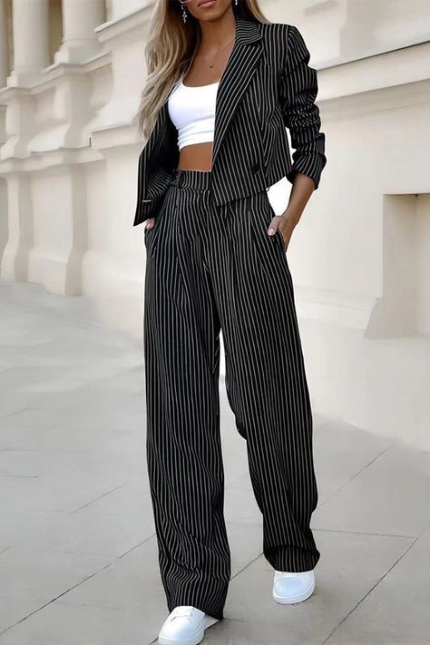 Casual British Style Striped Pocket Turn-back Collar Long Sleeve Two Pieces Blazer E Short, Work Formal, Look Formal, Stylish Suit, Blazer Set, Two Piece Pants Set, Pantsuits For Women, Modieuze Outfits, Long Sleeve Blazers