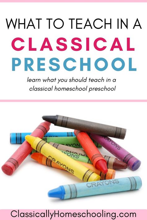 In classical education, preschool should be a gentle affair. Preschoolers are in the before years. The years before the grammar stage. So encourage them to explore the world and put pegs together that will make studies easier later. #homeschooling #homeschool #homeschool ideas Teaching Preschool At Home, Classical Preschool, Classical Education Homeschool, Classical Education Curriculum, Classical Homeschool Curriculum, Classical Conversations Foundations, Classical Homeschool, Pre K Curriculum, Homeschool Middle School