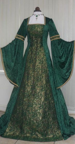 Midevil Dress, Dress Construction, Gold Brocade Dress, Gaun Abad Pertengahan, Medieval Gown, Medieval Clothes, Chiffon Sleeves, Accent Trim, Brocade Dresses