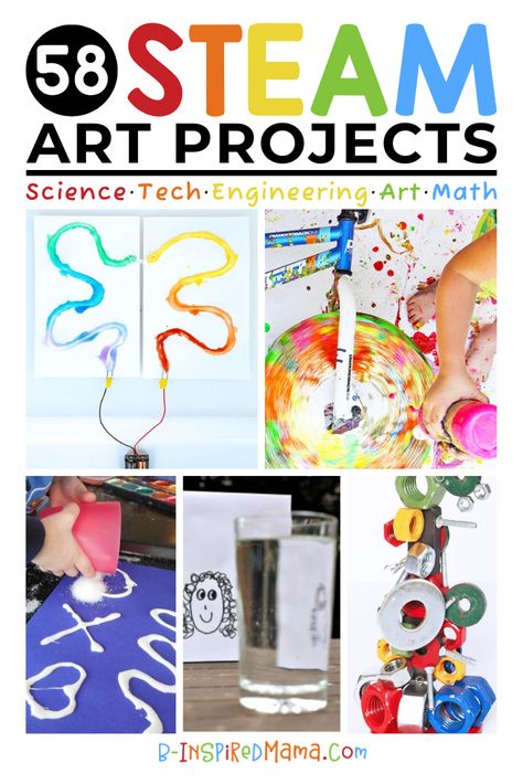 Choose from 58 fun STEAM art projects to get kids exploring their creativity while exploring science, technology, engineering, and math, too! #kids #STEAM #art #arteducation #STEM #learning #homeschool #science #math Christian Stem Activities, Elementary Steam Projects, Steam First Grade, Steam Activities High School, Stem Activities For Elementary Students, Steam For Elementary Students, Steam Projects High School, Stem Elementary Classroom, Steam Activity For Kindergarten