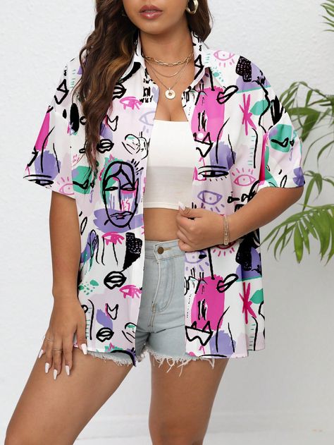 Multicolor Casual Collar Half Sleeve Woven Fabric Figure,Random Print Shirt Embellished Non-Stretch  Women Plus Clothing Funky Outfits For Women, Vintage Shirts For Women, Funky Shirts, Drop Shoulder Shirt, Fashionable Work Outfit, Funky Outfits, Plus Size Kleidung, Outfits For Women, Shirts For Women