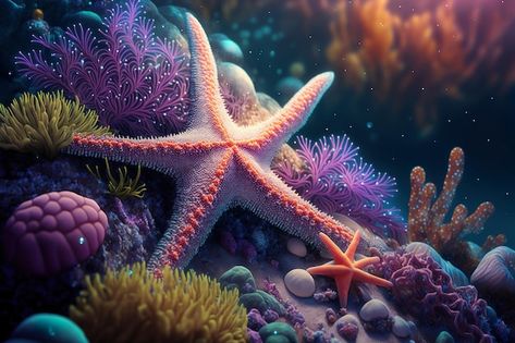 Marine Life Landscape, Sea Star Photography, Underwater World Art, Starfish Underwater, Underwater Landscape, Coral Reef Art, Ocean Bathroom, Photo Sea, Underwater Scenes