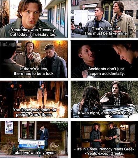 I love Supernatural logic. And the key and lock one is from the most hilarious episode they have ever made. Winchester Boys, Quotes Supernatural, Sammy Supernatural, Film Memes, Emmanuelle Vaugier, Ghost Whisperer, Mark Sheppard, Supernatural Quotes, Supernatural Memes