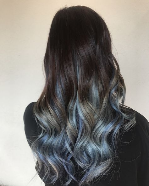 Light blue balayage Balayage, Blonde And Blue Highlights On Dark Hair, Black Hair Light Blue Highlights, Balayage Blue Hair Brunettes, Steel Blue Highlights, Silver Blue Balayage, Silver Blue Highlights On Dark Hair, Dark Hair With Light Blue Highlights, Brown And Blue Balayage