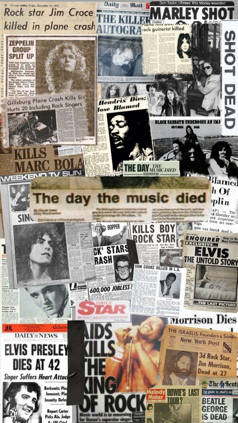 The day the music died #music Jim Croce Wallpaper, The Day The Music Died, Arte Dark, The Doors Jim Morrison, Newspaper Front Pages, Music Journal, Newspaper Art, Rock Guitarist, Music Collage