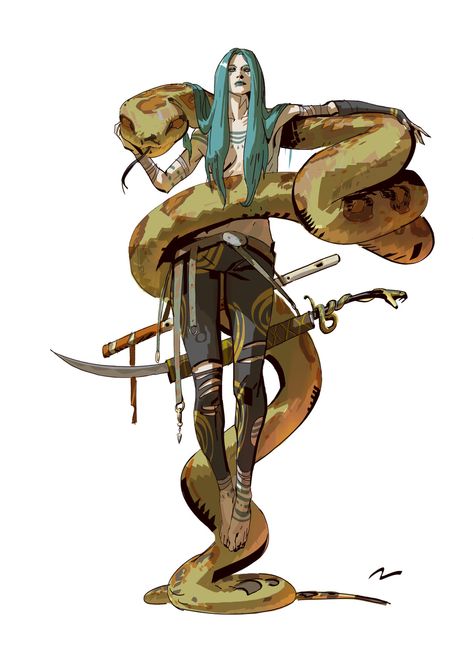 Beastmaster Ranger, Bird Human Hybrid, D&d Character Concepts, Human Snake, Elf Sketch, Mauro Belfiore, Snake God, Snake Pants, Yuan Ti