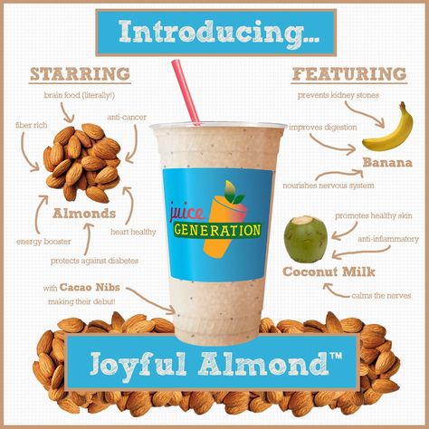 Joyful Almond at Juice Generation Green Breakfast Smoothie, Smoothie Juice, Almond Smoothie, Food Charts, Energy Boosters, Brain Food, Cacao Nibs, Breakfast Smoothies, Improve Digestion