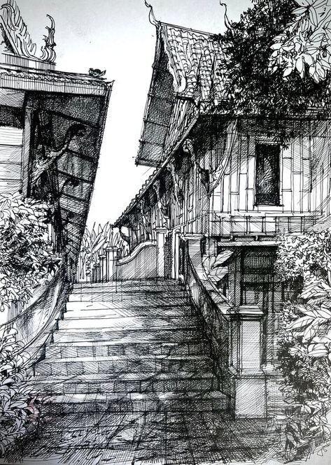 Traditional Pen and Ink Illustrators | Sketch drawing line pen ink + Watercolor on paper collection #Tumdec art | Facebook Pen Scenery Drawing, Pen Landscape Drawing, Ink Sketch Architecture, Pen Hatching, Pen And Ink Landscape, Micron Pen Drawing, Hatch Art, Pen Artwork, Pen Sketches