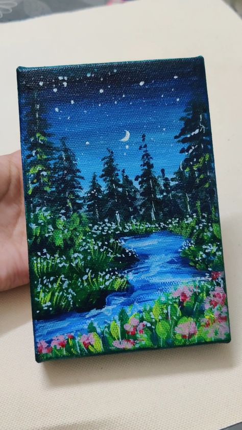 Acrylicpainting techniques beautiful scenery moon stars trees beautiful landscape painting Midnight Canvas Painting, 11x14 Painting Ideas, Mini Canvas Nature Painting, Mini Canvas Art Landscape, 6x8 Canvas Painting Ideas, Cute Forest Painting, Easy Cottage Core Painting, Acrylic Painting Canvas Scenery, Mini Canvas Scenery Painting