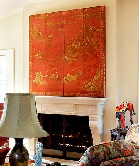 RL Goins Red Coromandel Screen - hide the TV #chinoiserie How To Hide A Television, How To Hide Your Tv, Tv Cover Up Hide Tv, Tv Covers Up Hide Tv, Hide Tv Over Fireplace, Hiding Tv, Tv Cover Up, Coromandel Screen, Tv Niche