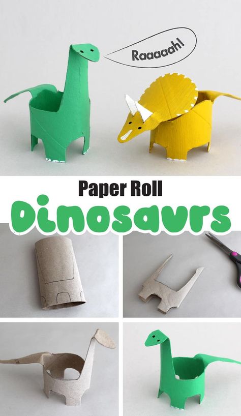 Dinosaurs made from toilet rolls with steps showing how to make them Coffee Filter Dinosaur Craft, Dinosaur From Recycled Materials, Diy Dinosaur Toy, Toilet Paper Roll Crafts Dinosaur, Diy Dinosaur Gifts, Dinosaur Toilet Paper Roll Craft, Toilet Paper Roll Dinosaur, Dinosaur Diy Crafts, Build A Dinosaur Craft
