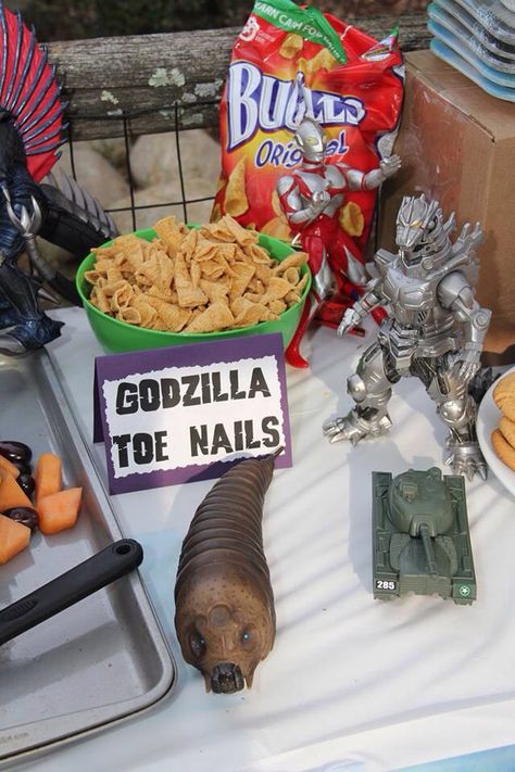 Bugles are fun! Godzilla claws... Spikes, or toe nails Godzilla Themed Food, Godzilla Party Food, King Kong Vs Godzilla Birthday Party, Godzilla Party, Godzilla Birthday Party, Godzilla Birthday, Kong Godzilla, King Kong Vs Godzilla, Boy Birthday Party Themes