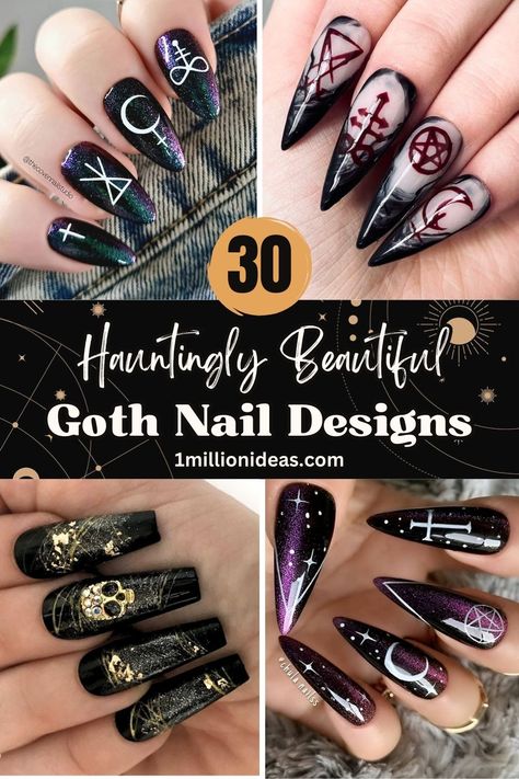 30 Hauntingly Beautiful Goth Nail Designs Goth Nails Acrylic Coffin, Witch Nails Acrylic Coffin, Classy Grunge Nails, Goth Nail Designs Coffin, Zodiac Nail Art Sagittarius, Coffin Witch Nails, Witchy Nail Art Short Nails, Magical Nails Design, Gel X Goth Nails