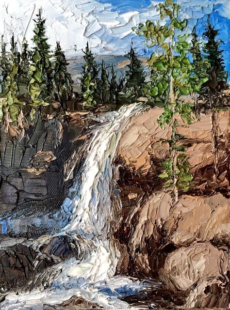 "Idaho Waterfall"6x8 palette knife oil painting by Peggy Ann Thompson Oil Scenery Painting, Paintings With Palette Knife, Knife Paintings Acrylic, Textured Oil Painting Palette Knife, Waterfall Texture Painting, Oil Painting Of Mountains, Landscape Knife Painting, Oil Palette Knife Painting, Oil Impasto Painting