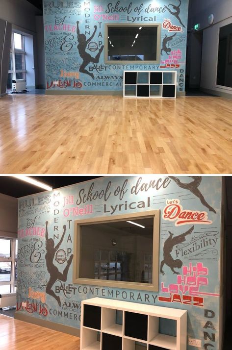 Dance Studio Wall Design, Dance School Interior, School Dance Room, Dance Studio Lobby, Dance Mural, Dance Classroom, Studio Pics, Dance Studio Design, Studio Makeover