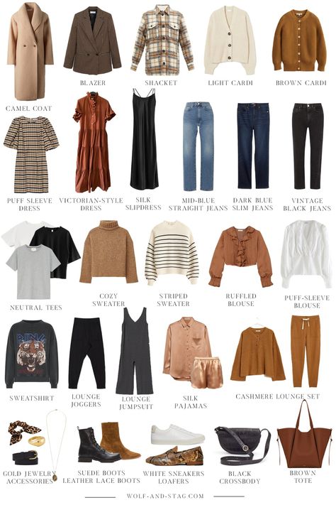 The (Mostly) Sustainable Autumn Capsule Wardrobe | all the pieces you need to create a cohesive and streamlined wardrobe for Autumn and beyond | W&S Romantic Capsule Wardrobe Winter, Neutral Autumn Capsule Wardrobe, Boho Winter Capsule Wardrobe, Autumn Outfits 30s, Neutral Closet Capsule Wardrobe, Best Capsule Wardrobe Pieces, Quince Capsule Wardrobe, Capsule Wardrobe Dark Autumn, Indie Capsule Wardrobe