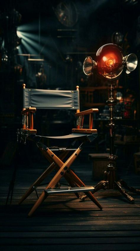 The director's chair anchors the studio, a seat of cinematic authority. Vertical Mobile Wallpaper AI Generated Work Vision Board, Director's Chair, Japan Music, Home Studio Setup, Poster Photography, Directors Chair, Film Background, Fun Photoshoot, Theatre Poster