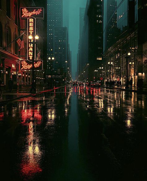 Chicago Aesthetic, City Streets Photography, Chicago At Night, Bg Design, Dark City, Chicago City, Night Landscape, After The Storm, Cityscape Painting