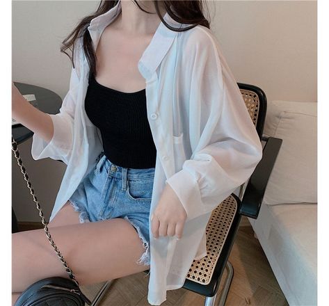 Plain Shirt / Camisole Top Product Information Material:: 100% Mixed Fiber Color:: Camisole Top - Black Catalog No.:: 1113868175 Camisole Top Total Length Bust 67 57 There may be a 2cm - 4cm variance in product size White Polo Outfit Women, White Polo Outfit, Long Sleeve Polo Outfit, White Long Sleeve Shirt Outfit, Long Shirt Outfits, Long Sleeve Shirt Outfits, Summer Korean Style, Korean Style Casual, Chic Outerwear