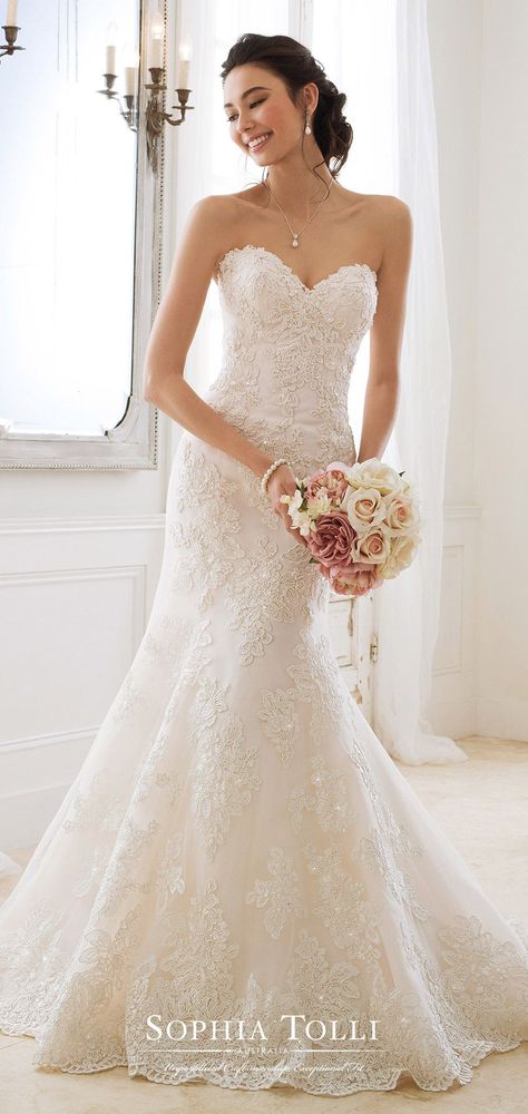 Sophia Tolli spring 2018 mon cheri bridals strapless sweetheart beaded lace fit flare wedding dress (y11870 alexia) fv corset back court train romantic -- Spring 2018 Wedding Dresses from Mon Cheri Bridals Sophia Tolli Wedding Dresses, Wedding Gown Gallery, Strapless Lace Wedding Dress, Mon Cheri Bridal, Simple Lace Wedding Dress, Sophia Tolli, Fit And Flare Wedding Dress, Wedding Dresses Strapless, Mon Cheri