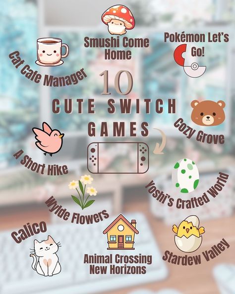 10 Cute Nintendo Switch Games to start with cozy gaming. 🥰🎮 Here is a list of cute & cozy games to play on Nintendo Switch for a cozy evening. ✨ - Cat Cafe Manager - Smushing Come Home - Pokémon Let’s Go! - A Short Hike - Wylde Flowers - Cozy Grove - Animal Crossing: New Horizons - Stardew Valley - Yoshi‘s Crafted World - Calico Have you played any of these so far? 😊🎮 #nintendoswitch #nintendoswitchlite #cozygaming #cozygames #cozygamingcommunity #cozygamingsetup #gaming #videogames Good Switch Games, Cute Games On Switch, Cottage Core Games To Play, Cute Games For Nintendo Switch, Girly Nintendo Switch Games, Cosy Games Switch, Cozy Games Nintendo Switch, Indie Switch Games, Nintendo Switch Cozy Games