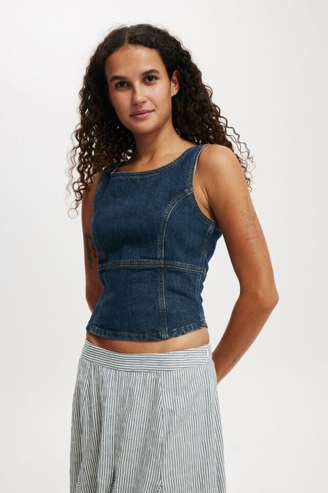 Codie Denim Corset Denim Outfits, Jean Corset Top, Denim Top Outfit, Brighton Pride, Denim Halter Top, Earthy Aesthetic, Denim Tops, Jean Shirt, Midi Denim