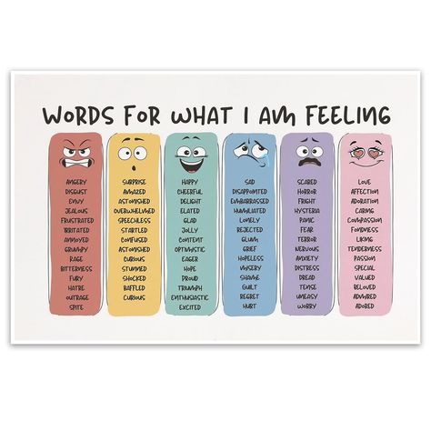 PRICES MAY VARY. Item shape : Rectangular Orientation : Portrait Item dimensions : 24.0 inches This "Words For My Fellings " poster can be a great help to mark your emotions and feelings. This poster can be a great addition to any space, such as a calm corner, nursery, classroom, therapy office, school counseling office, etc! Sel Posters For Classroom, Sel Posters, Calming Corner Classroom, Corner Nursery, Feeling Poster, Poster Words, Feeling Words, Making Posters, Feelings Poster