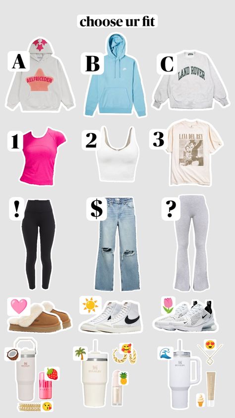 choose ur fit!! lmk ur choice in the comments!! #chooseyouroutfit #buildyourfit #outfitinspo Pick Ur Fit, Choose An Outfit Game, Choose Ur Outfit, Pick A Outfit, Pick Your Outfit, Cute School Fits, Trip Fits, Pick An Outfit, Preppy Lululemon