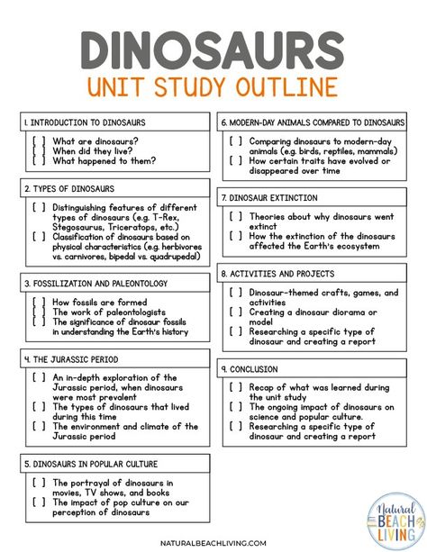 Free Dinosaur Unit Study - Themed Lesson Plans and Activities - Natural Beach Living Montessori, Dinosaur Unit Study Kindergarten, Science Unit Studies Homeschool, Dinosaur Lesson Plans, Schoolers Activities, Dinosaur Activities For Kids, Themed Lesson Plans, Dinosaur Unit Study, Dinosaur Lesson