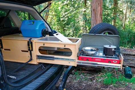 This Pull-Out Kitchen Turns Almost Any SUV into a Great Car Camper • Gear Patrol Auto Camping, Bil Camping, Astuces Camping-car, T3 Vw, Suv Camper, Minivan Camping, Truck Bed Camping, Camper Kitchen, Camping Box