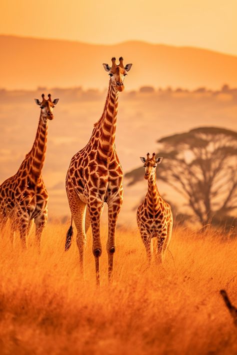 Giraffes wandering through the plains of an African safari under a clear, blue sky African Photography Nature, Giraffe In Savannah, African Savannah Landscape, Giraffe Aesthetic, South Africa Aesthetic, Savannah Africa, African Grasslands, African Safari Animals, Africa Nature