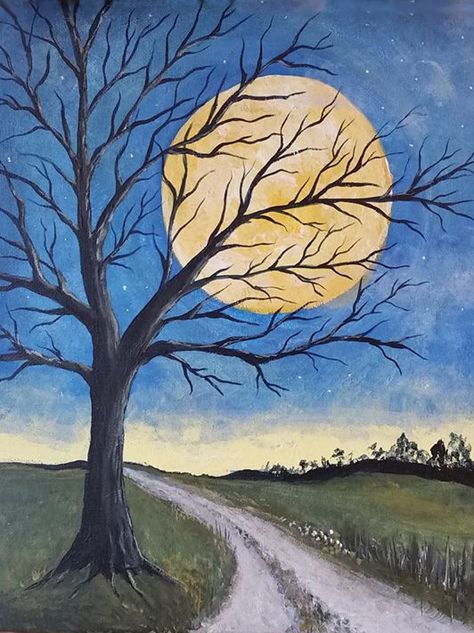 Walking at night with a bright moon gives me a eerie, yet calm feeling. My dad loved to sit outside especially if there was a moon out. Painted on a 11x14 stretched canvas. Basic Art Painting, Trees At Night Painting, Basic Canvas Painting, Basic Canvas Painting Ideas, Outside Drawings, Basic Painting Ideas, Easy Paint Night Ideas, Drawing Outside, Outside Painting