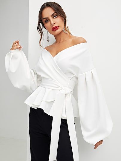 Product name: Lantern Sleeve Surplice Peplum Blouse at SHEIN, Category: Blouses Blouse Peplum, Lantern Sleeve Top, Lantern Sleeved Blouses, Afrikaanse Mode, Dressy Shirts, Coco Mademoiselle, Dressy Blouse, Shein Dress, Cooler Look