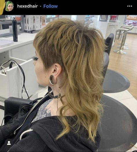 Punk alt womens modern mullet She Mullet Shag, Medium Shag With Undercut, Midi Shag With Curtain Bangs, Modern Mohawk Mullet, Shaved Side Burn Women, Mylie Cyrus Hair Mullet, Updo With Short Bangs, Soft Mullet With Shaved Sides, Alt Haircut Shaved Sides