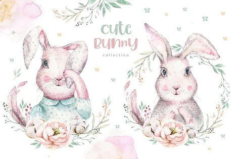 Bunnies With Flowers, Watercolour Rabbit, Cartoon Bunnies, Drawing Easter, Bunny Cards, Easter Watercolor, Watercolor Cartoon, Easter Illustration, Tropical Animals